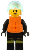 Minifigurka: CTY1549:  Fire - Male, Black Jacket and Legs with Reflective Stripes and Red Collar, White Helmet, Trans-Light Blue Visor, Orange Life Jacket