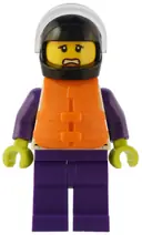 Minifigurka: CTY1550:  Speedboat Raft Driver - Female, White Jacket with Dolphin, Dark Purple Legs, Black Helmet, Trans-Clear Visor, Orange Life Jacket