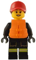 Minifigurka: CTY1551:  Fire - Female, Reflective Stripes with Utility Belt and Flashlight, Red Cap with Reddish Brown Ponytail, Orange Life Jacket