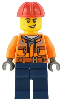 CTY1553:  Construction Worker - Male, Orange Safety Jacket, Reflective Stripe, Sand Blue Hoodie, Dark Blue Legs, Red Construction Helmet