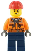 Minifigurka: CTY1553:  Construction Worker - Male, Orange Safety Jacket, Reflective Stripe, Sand Blue Hoodie, Dark Blue Legs, Red Construction Helmet