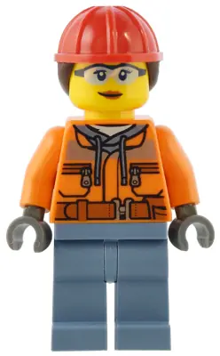 CTY1554:  Construction Worker - Female, Orange Safety Jacket, Reflective Stripe, Sand Blue Hoodie, Sand Blue Legs, Red Construction Helmet with Dark Brown Ponytail Hair