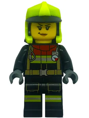 CTY1555:  Fire - Female, Black Jacket and Legs with Reflective Stripes and Red Collar, Neon Yellow Fire Helmet, No Visor