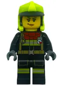 Minifigurka: CTY1555:  Fire - Female, Black Jacket and Legs with Reflective Stripes and Red Collar, Neon Yellow Fire Helmet, No Visor