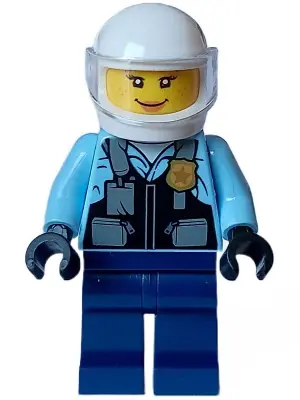 CTY1557:  Police - City Motorcyclist Female, Safety Vest with Police Badge, Dark Blue Legs, White Helmet, Trans-Clear Visor