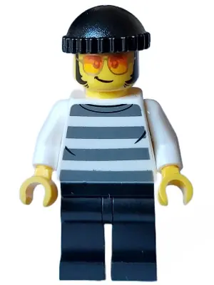 CTY1558:  Police - City Bandit Crook Male, White Shirt with Dark Bluish Gray Prison Stripes, Black Legs, Black Knit Cap, Sunglasses
