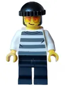 Minifigurka: CTY1558:  Police - City Bandit Crook Male, White Shirt with Dark Bluish Gray Prison Stripes, Black Legs, Black Knit Cap, Sunglasses