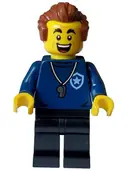 Minifigurka: CTY1559:  Police - City Trainer Academy Male, Dark Blue Shirt, Silver Whistle, Black Legs, Reddish Brown Hair, Open Mouth