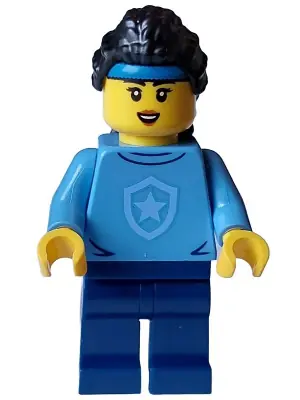 CTY1560:  Police - City Officer in Training Female, Medium Blue Shirt with Badge, Dark Blue Legs, Black Hair, Headband