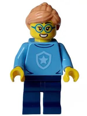 CTY1562:  Police - City Officer in Training Female, Medium Blue Shirt with Badge, Dark Blue Legs, Nougat Hair, Glasses