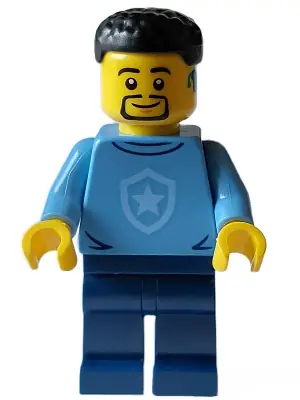 CTY1563:  Police - City Officer in Training Male, Medium Blue Shirt with Badge, Dark Blue Legs, Black Short Hair, Beard, Hearing Aid