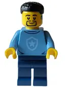 Minifigurka: CTY1563:  Police - City Officer in Training Male, Medium Blue Shirt with Badge, Dark Blue Legs, Black Short Hair, Beard, Hearing Aid