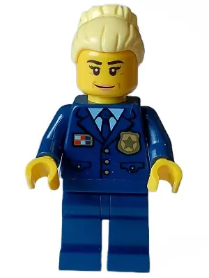 CTY1564:  Police - City Chief Female, Dark Blue Jacket and Legs, Bright Light Yellow Hair, Smile