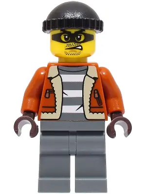 CTY1566:  Police - City Bandit Crook Male, Dark Orange Jacket, Dark Bluish Gray Legs, Black Knit Cap