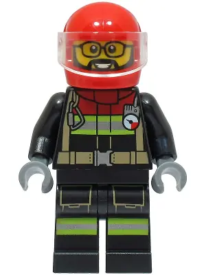 CTY1567:  Fire - Male, Black Jacket and Legs with Reflective Stripes and Red Collar, Red Helmet, Trans-Clear Visor