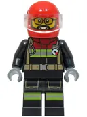 Minifigurka: CTY1567:  Fire - Male, Black Jacket and Legs with Reflective Stripes and Red Collar, Red Helmet, Trans-Clear Visor