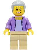 Minifigurka: CTY1568:  Woman - Medium Lavender Jacket over Lavender Shirt, Tan Legs, Light Bluish Gray Hair
