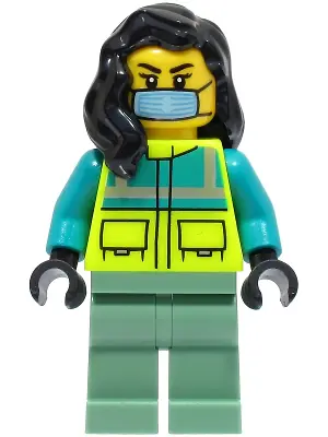 CTY1569:  Ambulance Driver - Female, Dark Turquoise and Neon Yellow Safety Vest, Sand Green Legs, Black Hair, Surgical Mask
