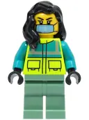 Minifigurka: CTY1569:  Ambulance Driver - Female, Dark Turquoise and Neon Yellow Safety Vest, Sand Green Legs, Black Hair, Surgical Mask