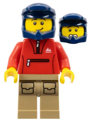 CTY1571:  Mountain Bike Cyclist - Male, Red Tracksuit, Dark Tan Legs with Pockets, Dark Blue Dirt Bike Helmet, Lopsided Smile