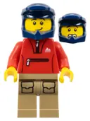 Minifigurka: CTY1571:  Mountain Bike Cyclist - Male, Red Tracksuit, Dark Tan Legs with Pockets, Dark Blue Dirt Bike Helmet, Lopsided Smile