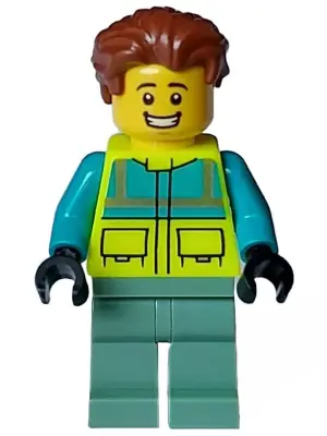 CTY1572:  Paramedic - Male, Dark Turquoise and Neon Yellow Safety Vest, Sand Green Legs, Reddish Brown Hair, Open Mouth Smile