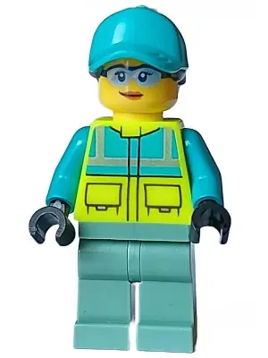 CTY1573:  Paramedic - Female, Dark Turquoise and Neon Yellow Safety Vest, Sand Green Legs, Dark Turquoise Cap with Black Ponytail Hair, Safety Glasses