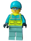 Minifigurka: CTY1573:  Paramedic - Female, Dark Turquoise and Neon Yellow Safety Vest, Sand Green Legs, Dark Turquoise Cap with Black Ponytail Hair, Safety Glasses