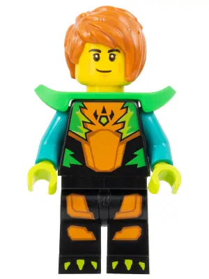 CTY1575:  Stuntz Driver - Male, Black Jumpsuit with Orange Trim and Dark Turquoise Arms, Bright Green Shoulder Pads, Dark Orange Hair