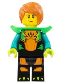 Minifigurka: CTY1575:  Stuntz Driver - Male, Black Jumpsuit with Orange Trim and Dark Turquoise Arms, Bright Green Shoulder Pads, Dark Orange Hair
