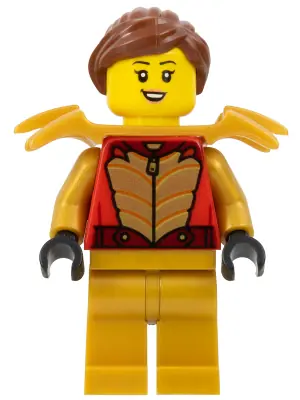 CTY1577:  Stuntz Driver - Female, Red Racing Jacket with Gold Scales, Pearl Gold Legs, Pearl Gold Shoulder Armor, Reddish Brown Ponytail