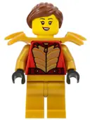Minifigurka: CTY1577:  Stuntz Driver - Female, Red Racing Jacket with Gold Scales, Pearl Gold Legs, Pearl Gold Shoulder Armor, Reddish Brown Ponytail