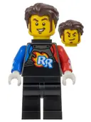 Minifigurka: CTY1578:  Rocket Racer - Stuntz Driver, Black Jumpsuit with Blue and Red Arms, Dark Brown Hair