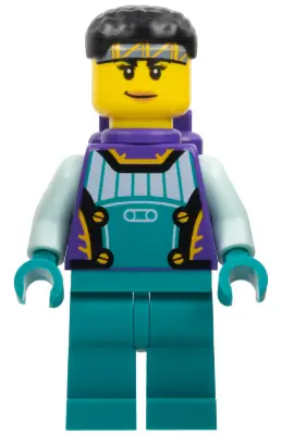 CTY1579:  Stuntz Driver - Female, Dark Purple and Dark Turquoise Racing Suit with Light Aqua Arms, Dark Purple Air Tanks, Black Short Hair