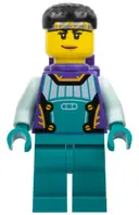 Minifigurka: CTY1579:  Stuntz Driver - Female, Dark Purple and Dark Turquoise Racing Suit with Light Aqua Arms, Dark Purple Air Tanks, Black Short Hair