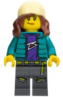 Minifigurka: CTY1580:  Fearless Fi - Stuntz Announcer, Dark Turquoise Jacket over Dark Purple Shirt, Dark Bluish Gray Legs, Reddish Brown Hair with Bright Light Yellow Beanie