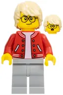 Minifigurka: CTY1581:  Stuntz Photographer - Male, Red Jacket over White Shirt, Light Bluish Gray Legs, Tan Hair, Glasses