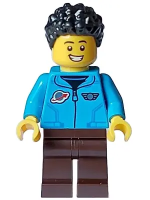 CTY1583:  Cozy House Resident - Male, Dark Azure Jacket with Classic Space Logo, Dark Brown Legs, Black Short Coiled Hair