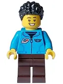Minifigurka: CTY1583:  Cozy House Resident - Male, Dark Azure Jacket with Classic Space Logo, Dark Brown Legs, Black Short Coiled Hair