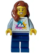 Minifigurka: CTY1584:  Cozy House Resident - Female, White Shirt with Mountains Logo, Dark Blue Legs, Reddish Brown Hair