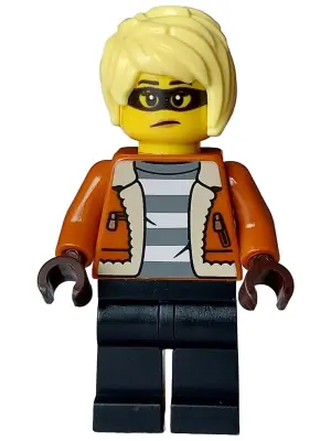 CTY1586:  Police - City Bandit Crook Female, Dark Orange Jacket, Black Legs, Bright Light Yellow Hair