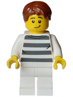 CTY1587:  Police - City Bandit Crook Male, White Shirt with Dark Bluish Gray Prison Stripes, White Legs, Reddish Brown Hair