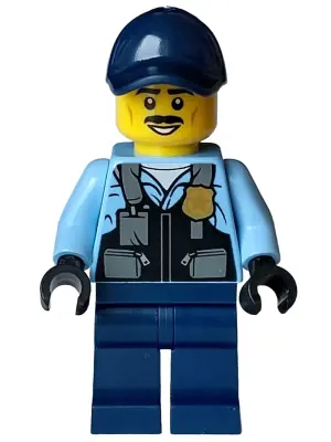 CTY1588:  Police - City Officer Male, Safety Vest with Police Badge, Dark Blue Legs, Dark Blue Cap, Black Moustache
