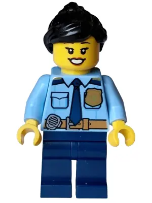 CTY1589:  Police - City Officer Female, Shirt with Dark Blue Tie and Gold Badge, Dark Tan Belt with Radio, Dark Blue Legs, Black Ponytail