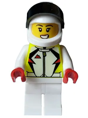 CTY1591:  Stuntz Driver - Female, Neon Yellow Jacket, White Legs, White Helmet with Black Visor
