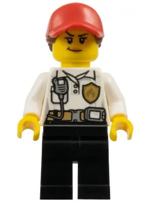 CTY1599:  Fire - Female, White Shirt with Fire Logo Badge and Belt, Black Legs, Red Cap with Ponytail, Smirk, Medium Nougat Lips