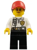 Minifigurka: CTY1599:  Fire - Female, White Shirt with Fire Logo Badge and Belt, Black Legs, Red Cap with Ponytail, Smirk, Medium Nougat Lips