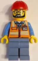 Minifigurka: CTY1603:  Construction Worker - Male, Orange Safety Vest with Reflective Stripes, Sand Blue Legs, Red Construction Helmet