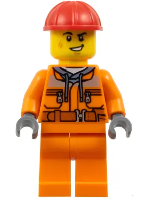 CTY1604:  Construction Worker - Male, Orange Safety Jacket, Reflective Stripe, Sand Blue Hoodie, Orange Legs, Red Construction Helmet