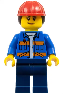 CTY1605:  Construction Worker - Female, Blue Jacket with Diagonal Lower Pockets and Orange Stripes, Dark Blue Legs, Red Construction Helmet with Dark Brown Ponytail Hair